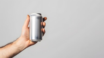 Man holding aluminum can on white background. 