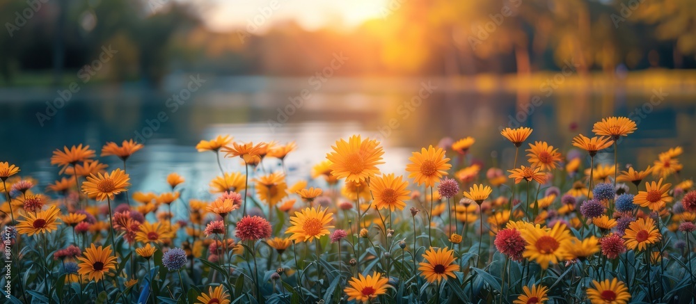 Wall mural Golden Sunset Over a Field of Flowers