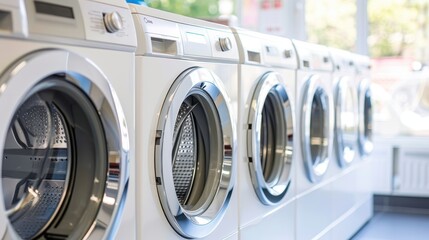 Row of modern washing machines in a laundromat.