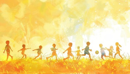 Silhouettes of Children Playing in a Golden Field.