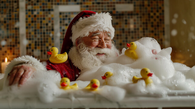 santa claus playing in the bathtub with foam and yellow rubber ducky toys