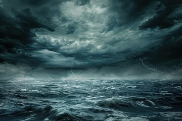 Fototapeta premium Stormy Sea with Lightning.