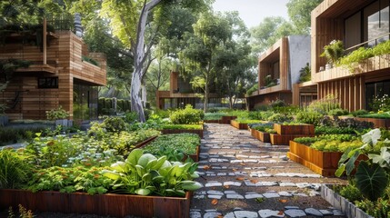 Stone path through lush green garden with modern wooden buildings.