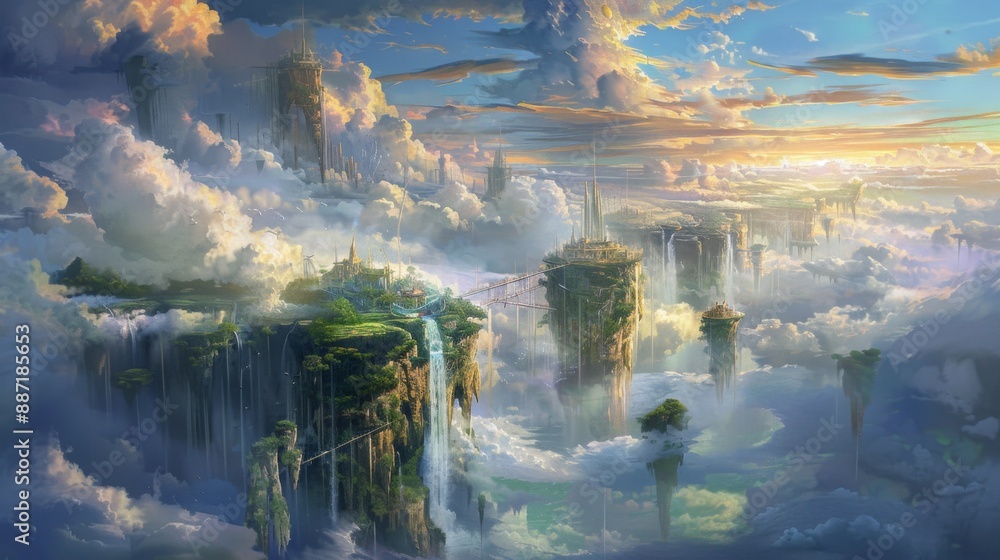 Poster A breathtaking, fantastical scene of floating islands with cascading waterfalls, set against a backdrop of clouds and a golden sunset.