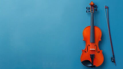 Violin and Bow on Blue Background.