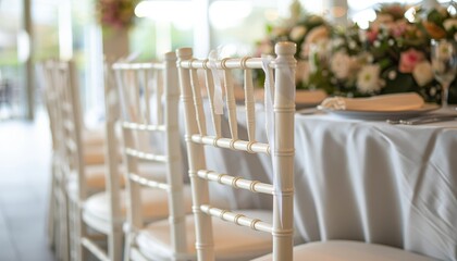 White Chiavari Chairs Decorated with Ribbon at Wedding Reception.