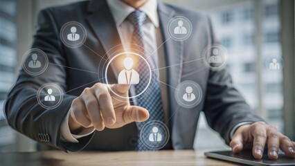 Onboarding concept. Person touch virtual onboarding icon for human resources business industry to introduce newly hired employee into an organization with behavior, welcome, knowledge, and skills