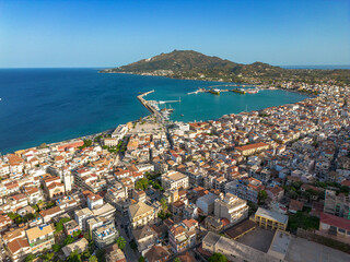 Naklejka premium Aerial panoramic view over Zakynthos town in Zakynthos island, Greece at sunset