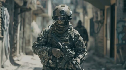 Obraz premium Delta Force member in urban camouflage leading a tactical advance through an urban environment