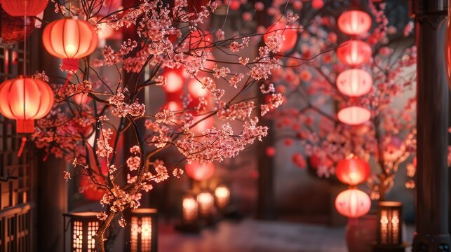 Asian Lunar New Year Celebration with Cherry Blossom Decor and Lanterns