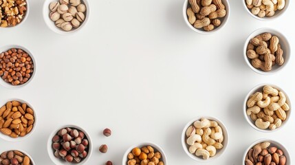 Obraz premium Assorted nuts in small white bowls on white surface Overhead view Blank space