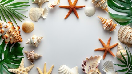 Assorted seashells starfish and tropical foliage on a white backdrop Ocean scene with blank area for text