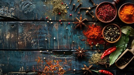 Obraz premium Assorted spices on rustic wooden table