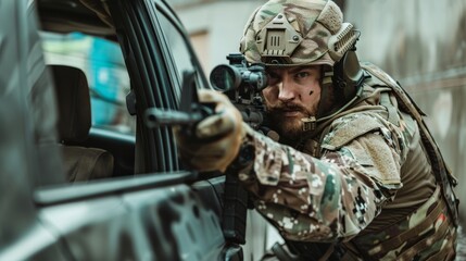 Obraz premium Delta Force member in urban camo crouching behind a car for cover