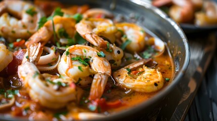 Close-up of seafood curry simmering in a pot