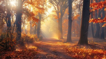 Autumn forest scenery with golden and red trees in a park Vibrant natural setting