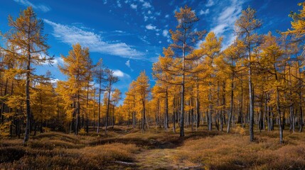 Fototapeta premium Autumn forest under blue sky