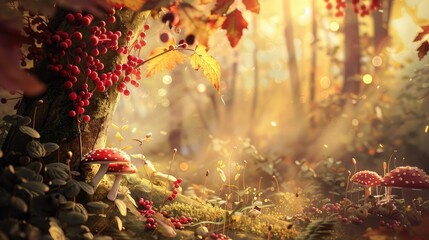 Autumn forest with berries mushrooms and light details