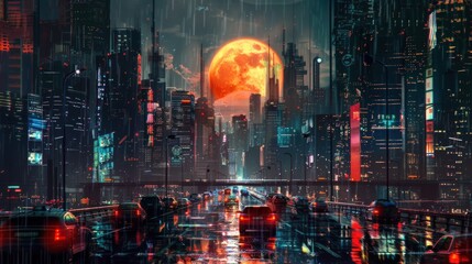 A cyberpunk cityscape at night with neon lights. Generate AI image