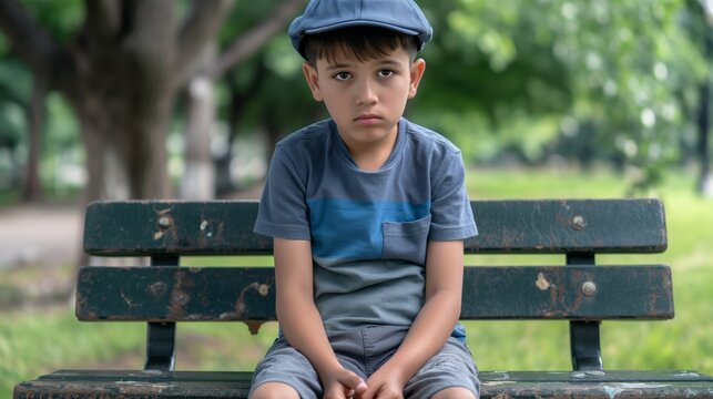 Pensive Middle Eastern Boy in Blue Cap Sitting on Park Bench, Summer, Outdoors, Youthful Contemplation, Diverse Representation