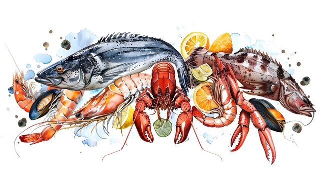 Seafood horizontal composition - Hand-drawn watercolor