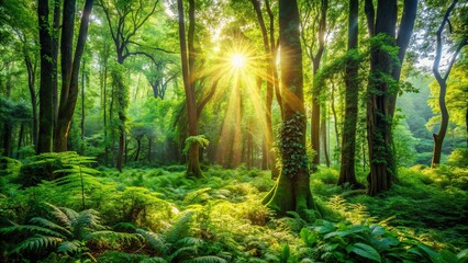 Lush green forest with diverse plant life and sunlight filtering through the trees, nature, environment, Earth