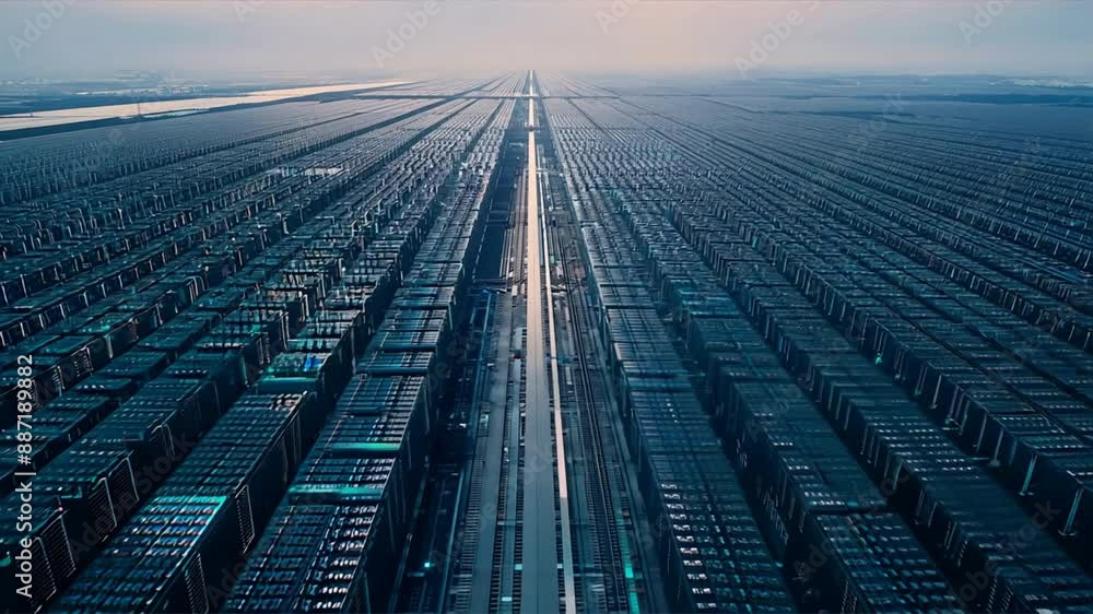 Poster aerial view of a server farm with rows of illuminated server racks