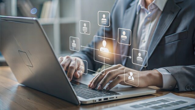 Document management concept. Person use laptop to paperless online approval for business process workflow illustrating management approval and project approve concept.