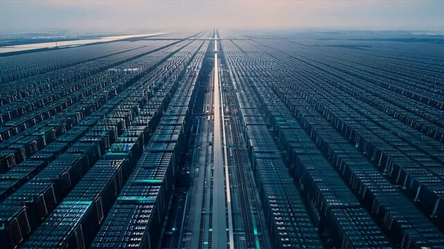 aerial view of a server farm with rows of illuminated server racks