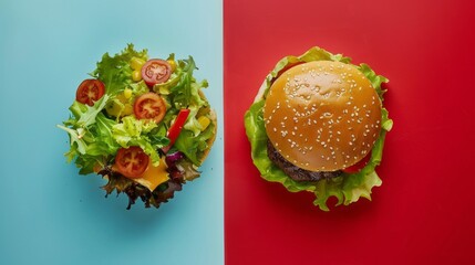 A colorful salad with tomatoes, lettuce, and corn on a blue background is contrasted with a juicy burger on a red background