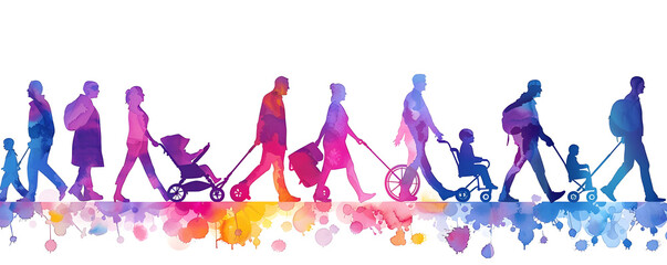 Diverse Figures in Pastel Watercolor Style, Featuring Baby Pram and Elderly Person on Wheels