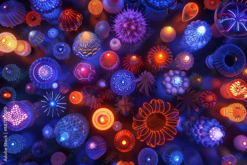 Poster abstract glowing orbs and vibrant patterns in a cosmic setting.