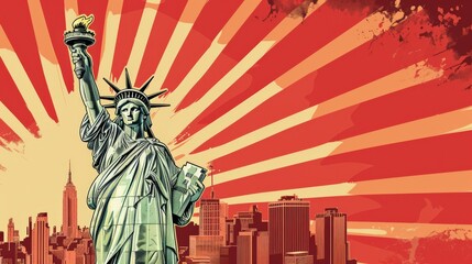 Obraz premium A liberty statue holding a torch and a statue of liberty. The image is a patriotic piece of art
