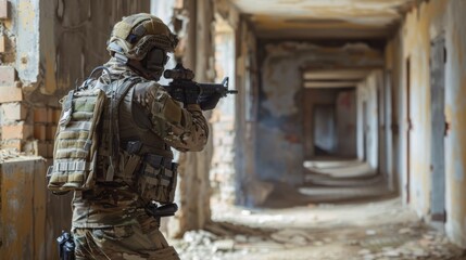 Obraz premium Delta Force member in urban camo securing a perimeter in a building