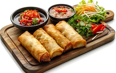 Board and plate of tasty Spring rolls with on white background.