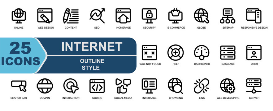icon set internet.thick outline style.contains connection,networking,online,internet,web design,content,seo,homepage and more.
