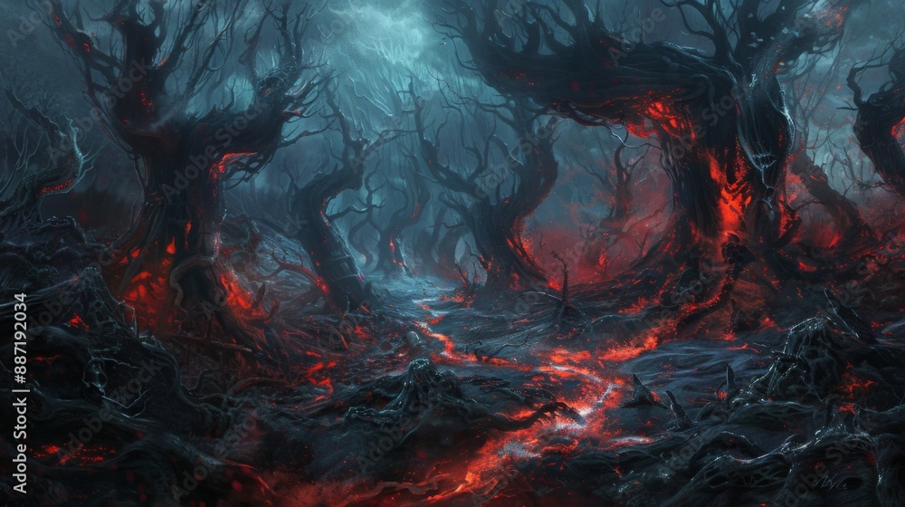 Poster a winding path through a dense forest at night, with dark, gnarled trees glowing with an eerie red l