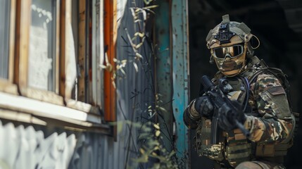 Fototapeta premium Delta Force operative in urban camo gear readying his equipment in a safe house