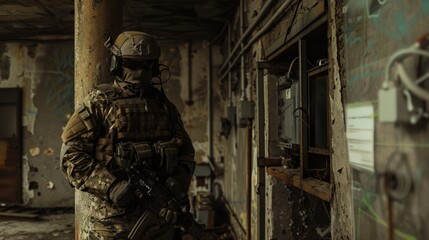 Obraz premium Delta Force operative in urban camo gear readying his equipment in a safe house