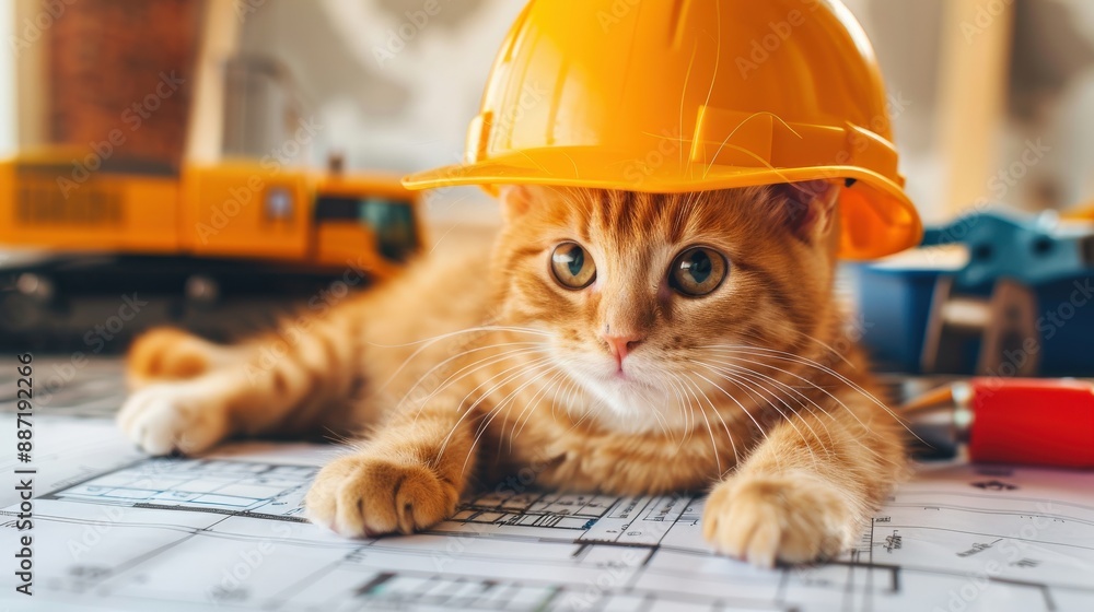 Poster a kitten is sleeping on a map with a hard hat on its head. the kitten is orange and has a sleepy exp