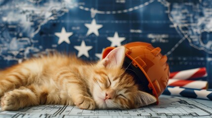 A kitten is sleeping on a map with a hard hat on its head. The kitten is orange and has a sleepy expression