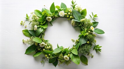 Delicate green wreath made of fresh leaves and flowers, elegant, natural, organic, botanical, flora, decorative, round, spring