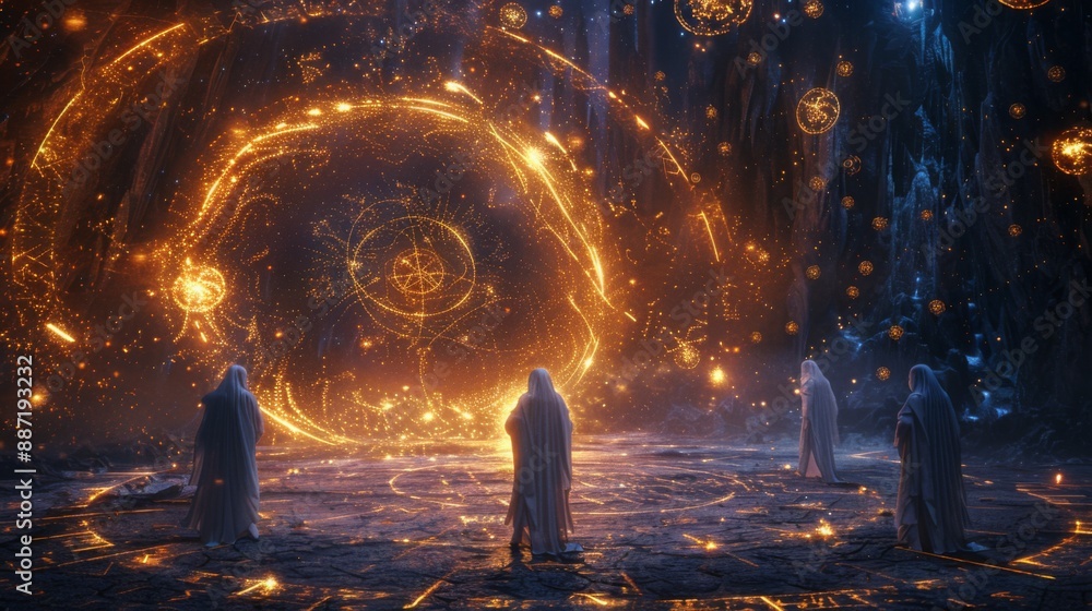 Aufkleber white-robed figures gather around a large, glowing orb emitting sparks and lights. it's intricate pa