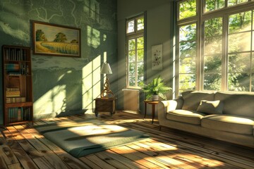 Digitally generated image of a living room with a wooden floor 