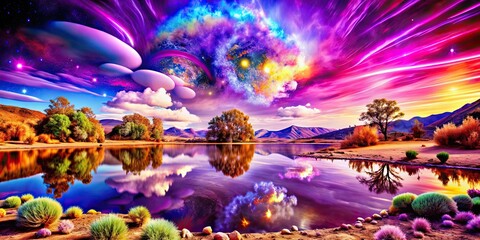 Euphoric acid trip experience in a dreamlike landscape , psychedelic, hallucination, surreal, colorful