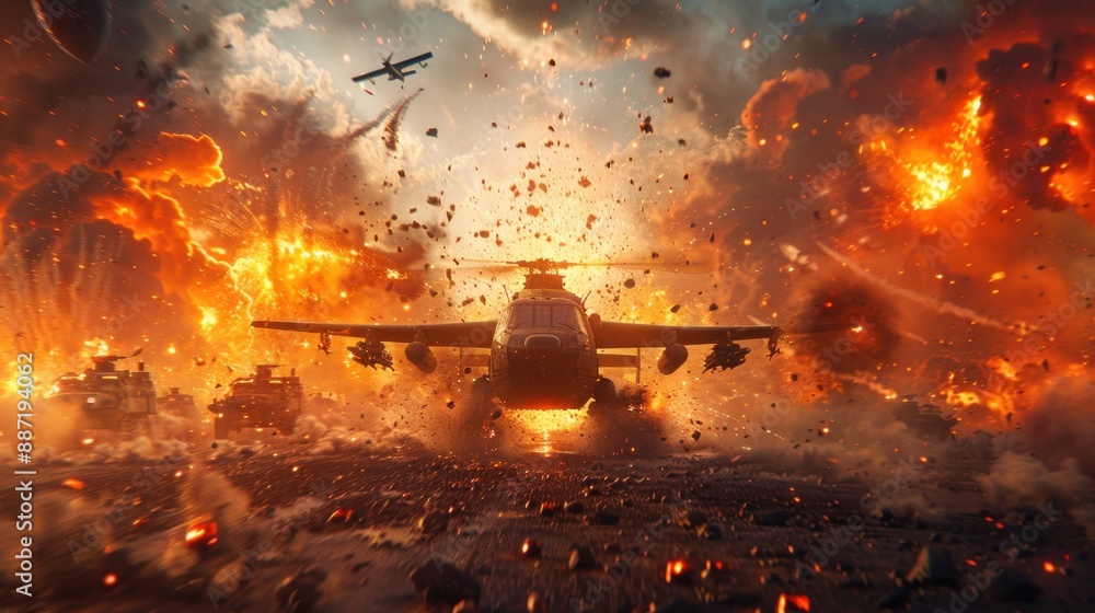 Wall mural Intense Military Battle Scene with Helicopter and Explosions in a Warzone at Sunset