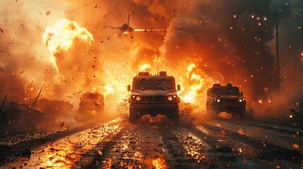 Intense Military Combat Scene with Explosions, Armored Vehicles, and Fighter Jet in Action