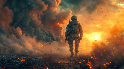 Soldier in Full Gear Walking Through Battlefield with Explosions and Smoke at Sunset