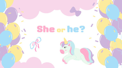 Gender party banner postcard boy or girl. Unicorn balls and clouds. Baby shower invitation template. Vector illustration.