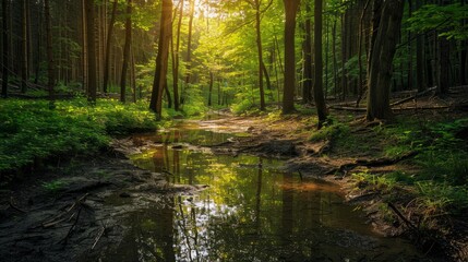 Obraz premium Sunlit Forest Path with Stream